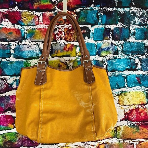 Boden Handbags - Boden Mustard Coated Canvas Bag Tan Leather Trim Handbag Purse